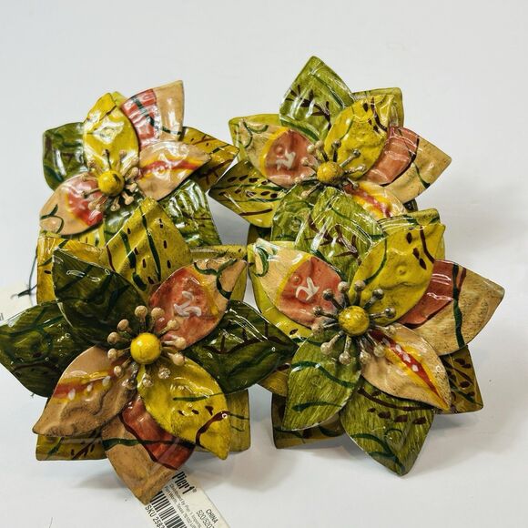 Pier 1 Flower Napkin Rings Lot of 4 Enamel Metal Sage Green Red Yellow NEW 3.75" - Picture 6 of 6